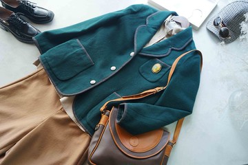 尋寶古著-復古藍綠色毛呢滾邊西裝外套