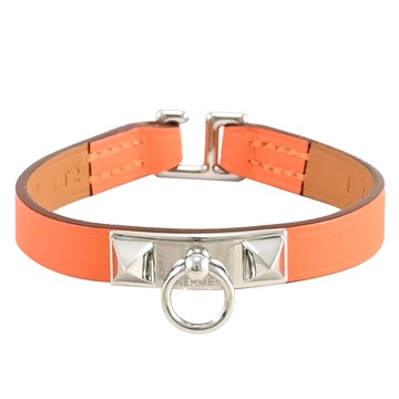 HERMES Rivale Mini 經典鉚釘圓環皮手環.橘/銀