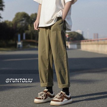 束腳九分褲男夏季薄款松緊腰休閑褲復古透氣寬松運動褲美式直筒褲
