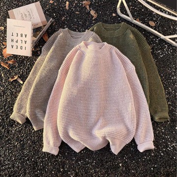 港味素色針織衫寬鬆加厚圓領毛衣男冬季情侶套頭保暖上衣男