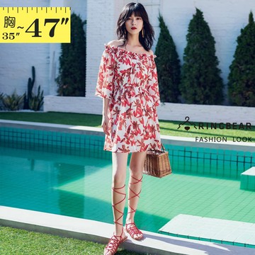亮麗浪漫印花一字領鬆緊荷葉袖雪紡連身裙(紅L-3L) 眼圈熊 中大尺碼 D560