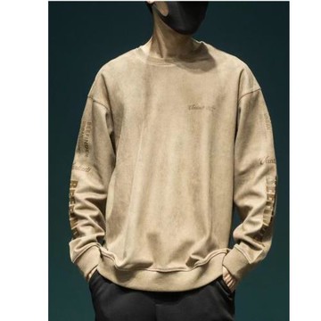 美式重磅圓領衛衣男春秋高級感潮牌寬松大碼上衣麂皮絨衣服男秋季