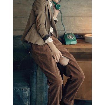 早春新文藝復古全棉100%燈芯絨顯瘦小腳褲休閑寬松女長褲靴褲直筒