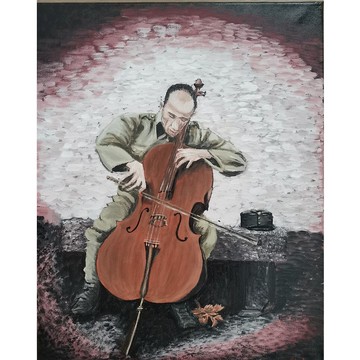 大提琴家復古風格原創藝術畫布藝術作品 RinaArtSK