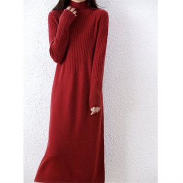 半高領針織100%純羊毛內搭連衣裙