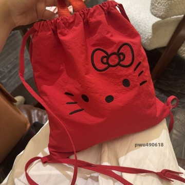 臺灣出貨 紅色塔絲隆刺繡kitty抽繩式雙肩包包