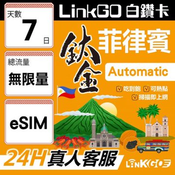 LinkGO白鑽卡 菲律賓 eSIM卡 7天鈦金款吃到飽不降速 高速流量(菲律賓網卡 宿霧 巴拉望 馬尼拉)