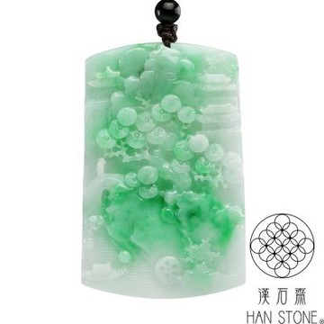 【漢石齋】天然翡翠A貨 山水玉佩吊墜 白底飄花種帶辣綠(39*60*6mm)