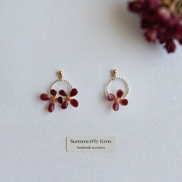 高級復古紅色 輕奢手工滴釉秀氣小花耳環 日常百搭上班族