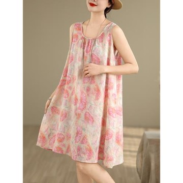 今年流行時尚大碼女裝夏季寬松吊帶a字裙無袖棉麻圓領印花連衣裙