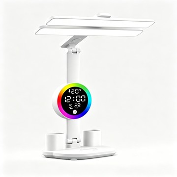 檯燈/桌燈/夾燈 窩居 雙頭 LED 護眼檯燈 智慧觸控時鐘顯示 氛圍燈折疊書桌燈 充插兩用 學生宿舍閱讀燈 附筆筒-時鐘款