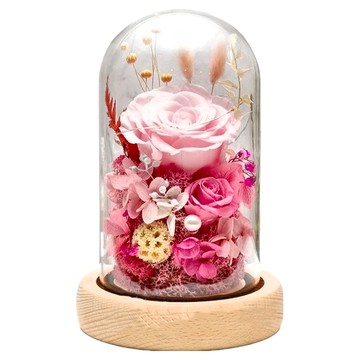 永生花 永生花燈  教師節禮物 情人節禮物  櫸木底座 高硼矽玻璃罩 LED燈  淺粉色