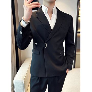 英倫風炸街西裝男套裝休閑時尚潮流發型師斜扣修身白色西服外套男