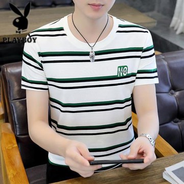 花花公子2025夏季新款男士修身V領短袖t恤青年拼接純棉圓領t恤潮