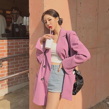 正韓 西裝外套 莓果紫 長版 顯瘦 西裝 大衣 風衣 外套 桃 紫 雪紡 亮色 上班族 韓國 ANNA S.1180
