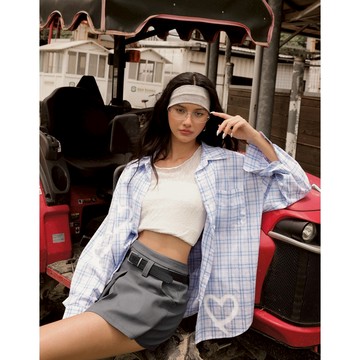 AIR SPACE LADY 塗鴉愛心印花格紋長袖襯衫(黑/藍) 女裝 現貨