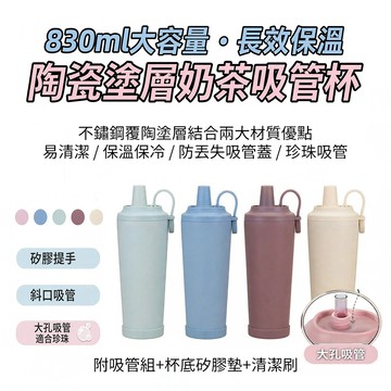 [台灣發貨]磁吸蓋提把 奶茶吸管杯 全配吸管+防滑杯套 環保吸管杯 830ML 陶瓷塗層 長效保溫 冰霸杯 #BD986