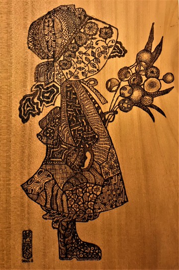 烙畫捧花的女孩 烙鐵畫 獨一無二藝術品 擺飾烙畫藝術 藝術品