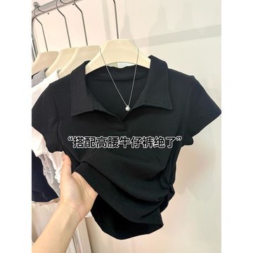 夏季新款polo領正肩短袖t恤女氣質修身顯瘦短款褶皺收腰純棉上衣