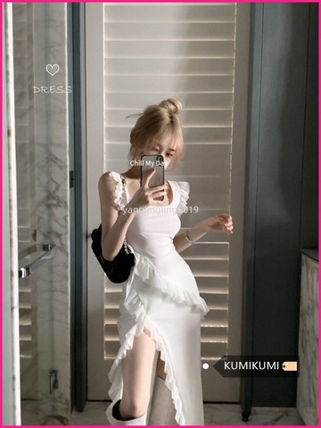 純欲荷葉邊拼接洋裝女裝夏季設計感開叉包臀裙露肩長裙 UVYZ