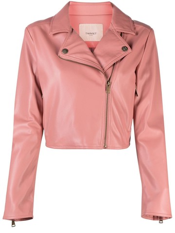 TWINSET - off-centre zip fastening biker jacket - women - Polyester/Polyester - 40 - Pink