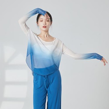 新款古典舞紗衣演出服女飄逸漸變上衣長袖現代成人中國舞蹈練功服