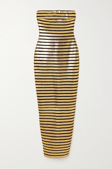 Balmain - Strapless Metallic Striped Knitted Gown - Gold - FR46