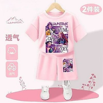 🔥K-pop獵魔女團兒童短褲短袖套裝 新款印花短袖套裝 夏季爆款女童短袖 女寶寶兒童套裝 純棉透氣超值兩件裝 耐磨防皺褶