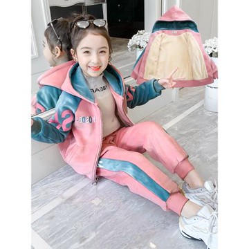 女童秋裝套裝2025新款兒童網紅金絲絨加絨加厚秋冬款連帽兩件套潮