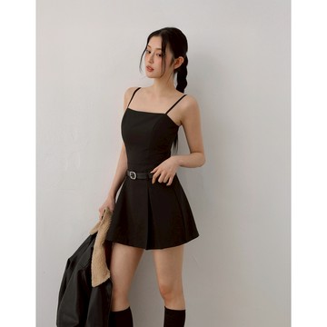 AIR SPACE LADY 平口細肩帶打褶短洋裝 素色款/點點款(附胸墊&腰帶)(黑/深灰) 女裝 現貨