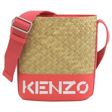 KENZO 簡約英字LOGO草編斜背抽繩束口水桶包.桃邊