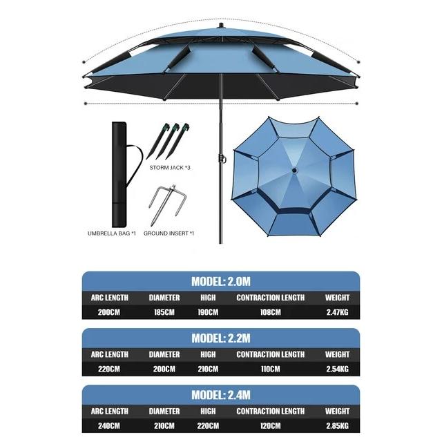 ダブルレイヤー傘,2.0-2.4m,パラソル,屋外釣り,キャンプ,ビーチ,庭,防風