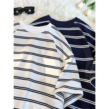 黑白條紋短袖t恤男夏季港風寬松半袖ins潮牌百搭學生情侶純棉上衣