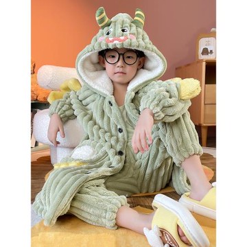 兒童珊瑚絨睡衣秋冬季男童加絨加厚款睡袍法蘭絨可外穿家居服套裝