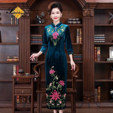 碧陽媽媽秋冬名媛婚禮宴會旗袍禮服氣質高貴絲絨連衣裙修身包臀裙