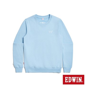 EDWIN 女裝 小W刺繡印花厚長袖T恤-淺藍色