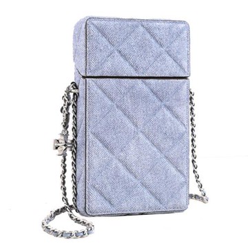 TORY BURCH 167746 Fleming 菱格壓紋丹寧穿鏈斜背手機包.藍
