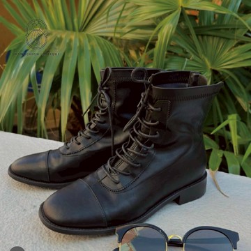 【現貨】真皮~超軟皮 羊皮 低跟 縫線 綁帶 黑色 軍靴 大尺碼 低筒靴 短靴 真皮靴 踝靴A736