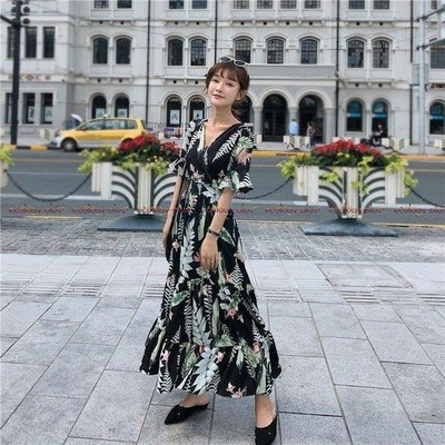 リゾートワンピース ボヘミアン Vネック 五分袖 ビーチ リゾート ゆったり リボン フリルスリーブ 草木柄 ロングワンピース マキシ丈 夏新作 代30代40代 通販 Lineポイント最大get Lineショッピング