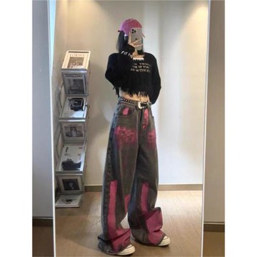 美式廢土涂鴉hiphop牛仔褲高街復古設計感炸街直筒闊腿扎染拖地褲