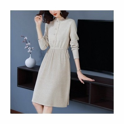 ワンピース レディース ファッション 代 きれいめ 上品 女性 秋 冬 ニットワンピース スタンドカラー フリル 長袖 ひざ丈 秋冬 通販 Lineポイント最大get Lineショッピング