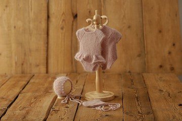 新生兒純粉色套裝，攝影道具女孩，嬰兒帽，禮服女孩