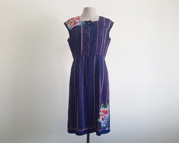 復古海軍藍碎花洋裝 女款 白色圓點條紋雪紡 大尺碼 L