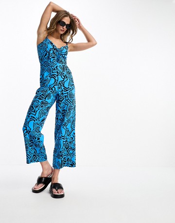 Whistles Starflower printed sleeveless jumpsuit in blue-Black