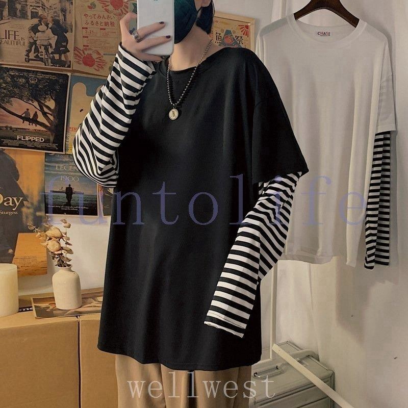 長袖Tシャツレイヤード重ね着風ボーダーメンズメンズTシャツ
