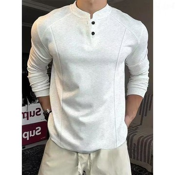 白灰色亨利領正肩長袖t恤男士春秋季薄款解構拼接衛衣立領打底衫
