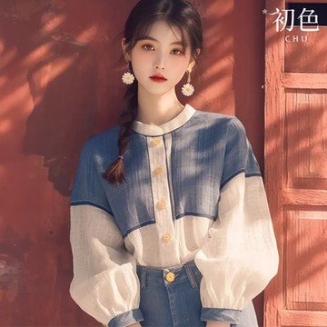 初色 韓系撞色拼接雪紡寬鬆圓領單排釦長袖襯衫上衣女上衣-藍白色-38651(M-3XL可選)