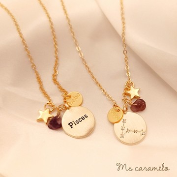 【焦糖小姐 Ms caramelo】星座項鍊 3月雙魚座項鍊 Pisces 紫水晶&鋯石項鍊 (可雙面配戴)