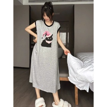 台灣出貨帽子貓咪大碼胖mm睡裙夏短袖寬鬆中長款150kg外穿孕婦睡衣家居服睡裙  大碼家居服