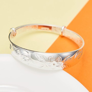 銀手鐲女s999純銀寬面實心花開富貴足銀手環鐲子簡約民族風送老婆